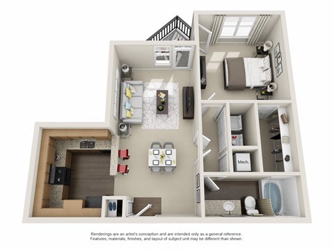 Floor plan for 1 bed, 1 bath, 806 sqft